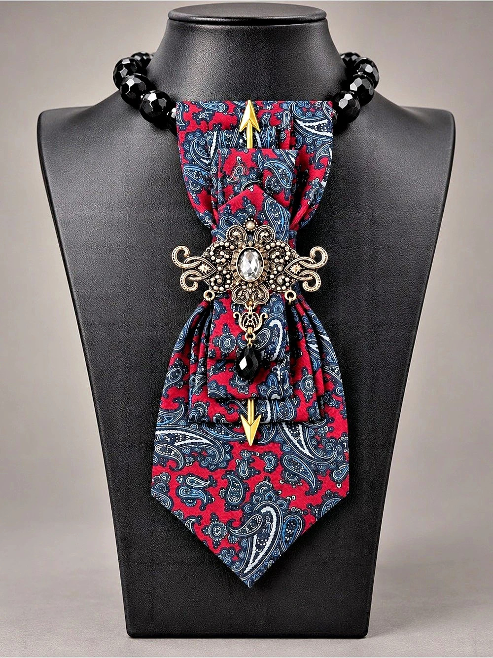 One of a Kind Red Paisley Tie Necklace, Jeweled Statement Necktie, Unisex